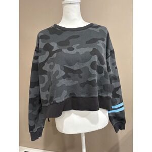 Addison Bay Womens Camo‎ Cropped Sweatshirt Grey Black Blue Stripe Size M